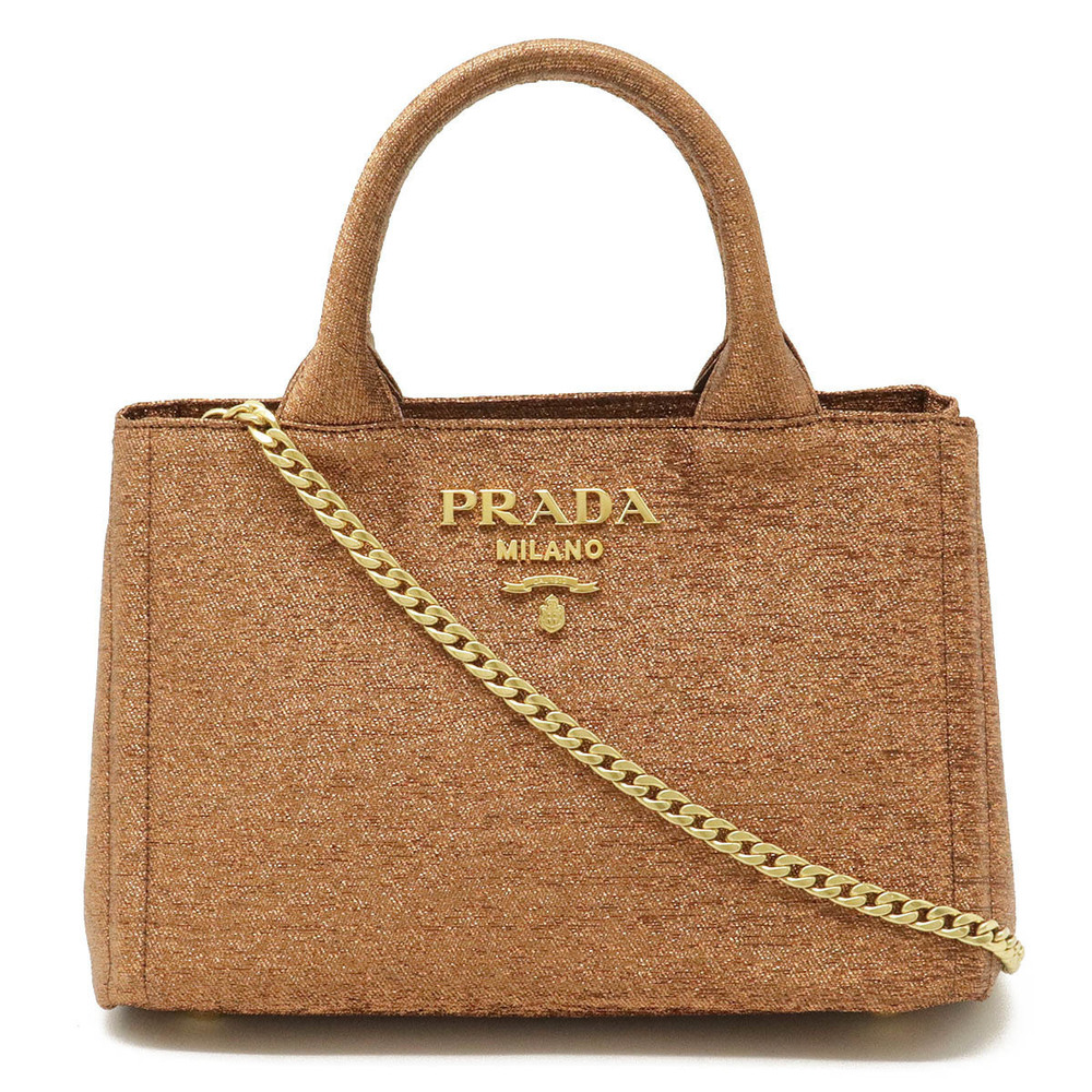 Prada Canapa 2way Shoulder Bag Chain Strap Canvas RAME Glitter Orange